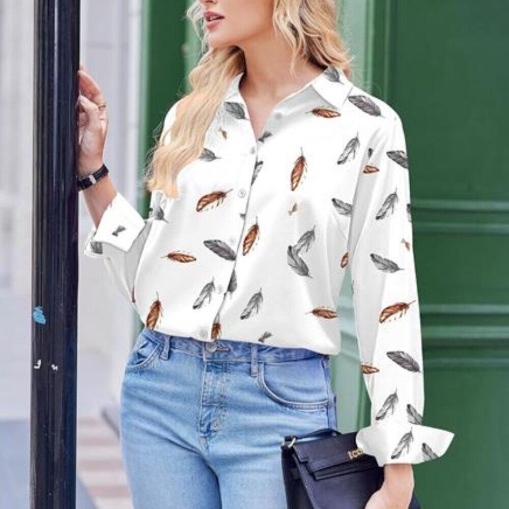 Satin White Feather Blouses Silky Button Down Shirts Long Sleeve Business Tops